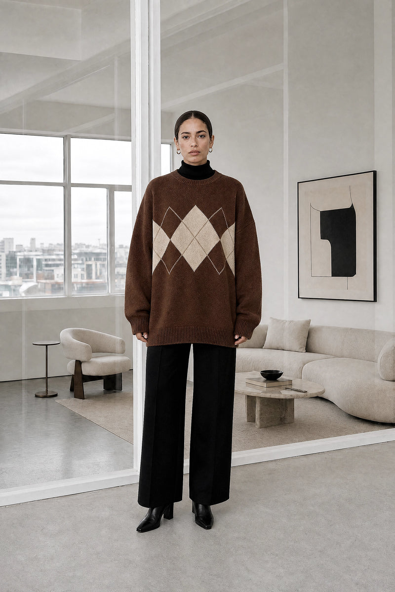 Bethany | Argyle Knit Sweater in Brown, studio front view