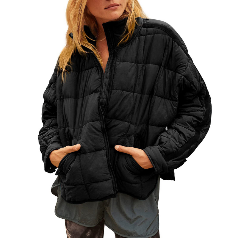 Packable Quilted Puffer Jacket for Women with Stand Collar and Zip Front in Black, front view