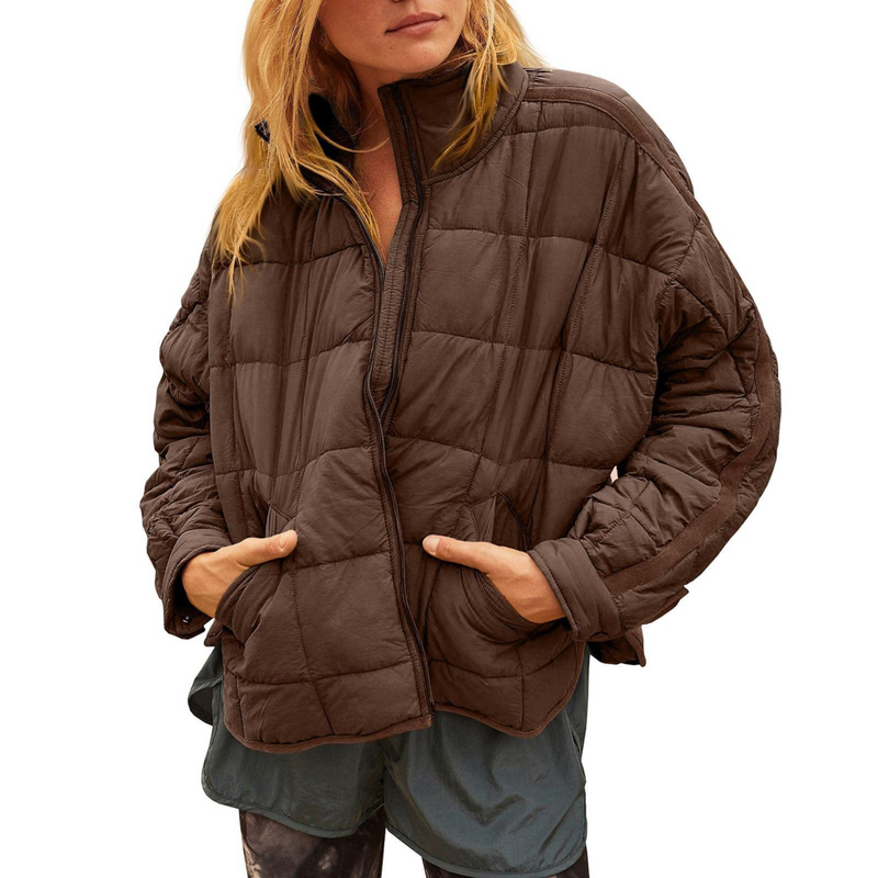 Packable Quilted Puffer Jacket for Women with Stand Collar and Zip Front in Brown, front view