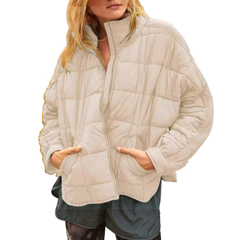 Packable Quilted Puffer Jacket for Women with Stand Collar and Zip Front in Cream, front view