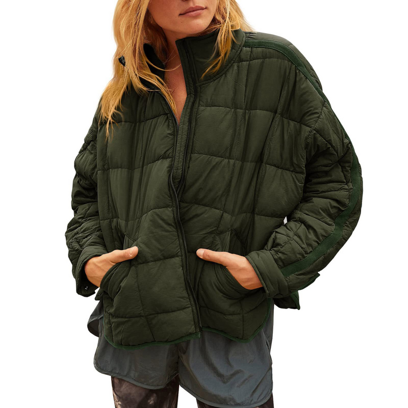 Packable Quilted Puffer Jacket for Women with Stand Collar and Zip Front in Green, front view