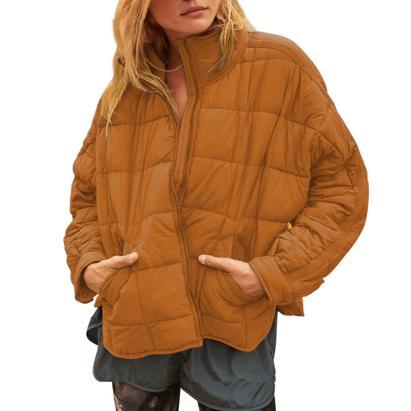 Packable Quilted Puffer Jacket for Women with Stand Collar and Zip Front in Orange, front view