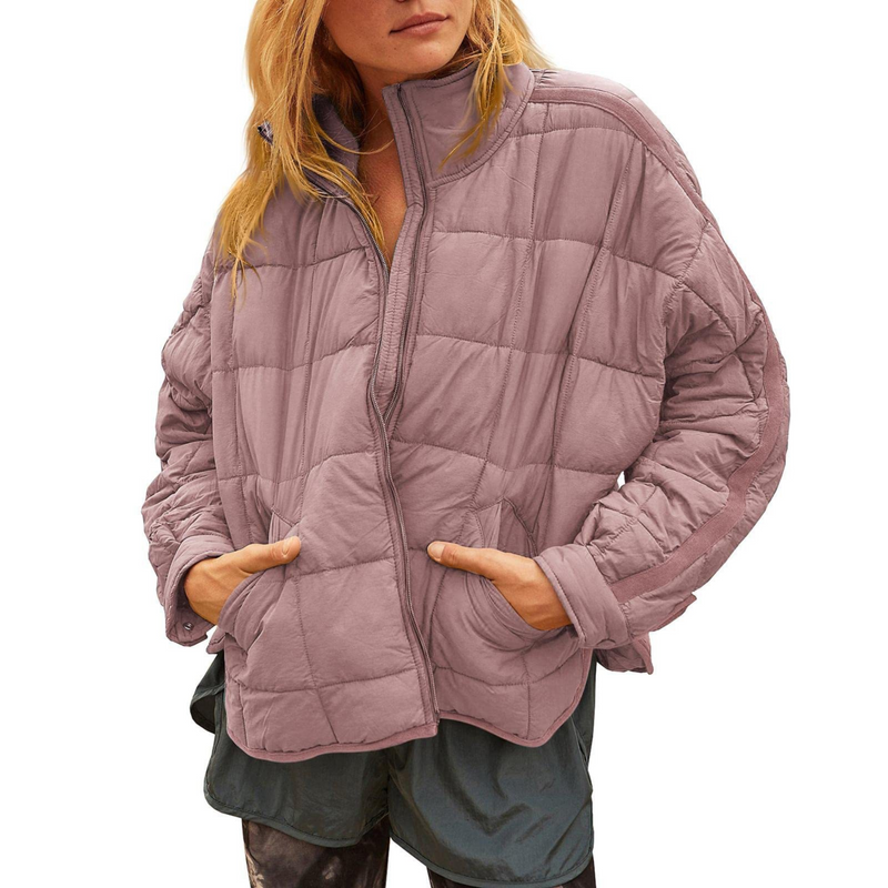 Packable Quilted Puffer Jacket for Women with Stand Collar and Zip Front in Pink, front view