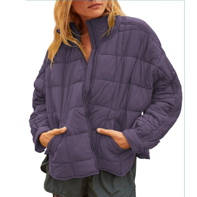 Packable Quilted Puffer Jacket for Women with Stand Collar and Zip Front in Purple, front view