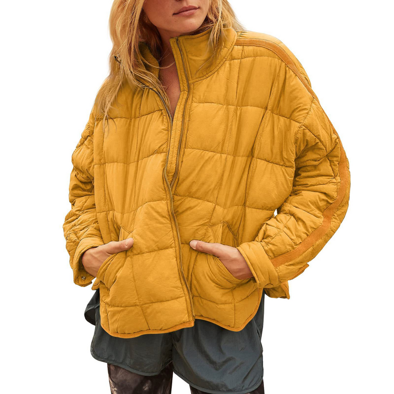 Packable Quilted Puffer Jacket for Women with Stand Collar and Zip Front in Yellow, front view
