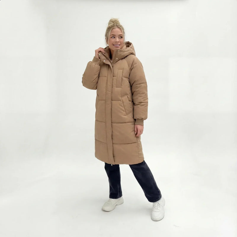 Longline Puffer Coat for Women with Hood and Ribbed Cuffs in Beige, front view