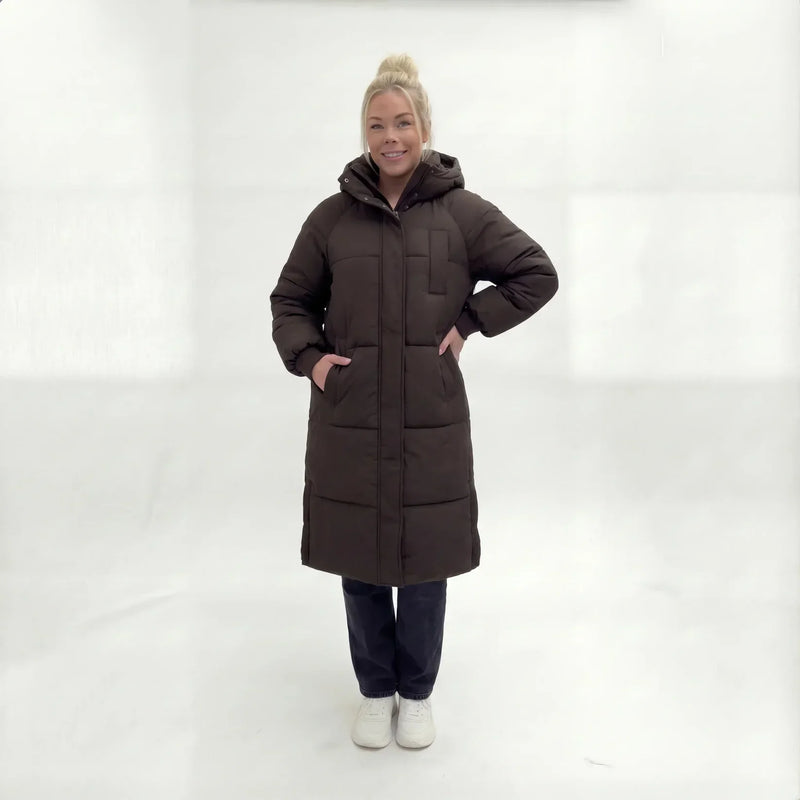 Longline Puffer Coat for Women with Hood and Ribbed Cuffs in Brown, front view