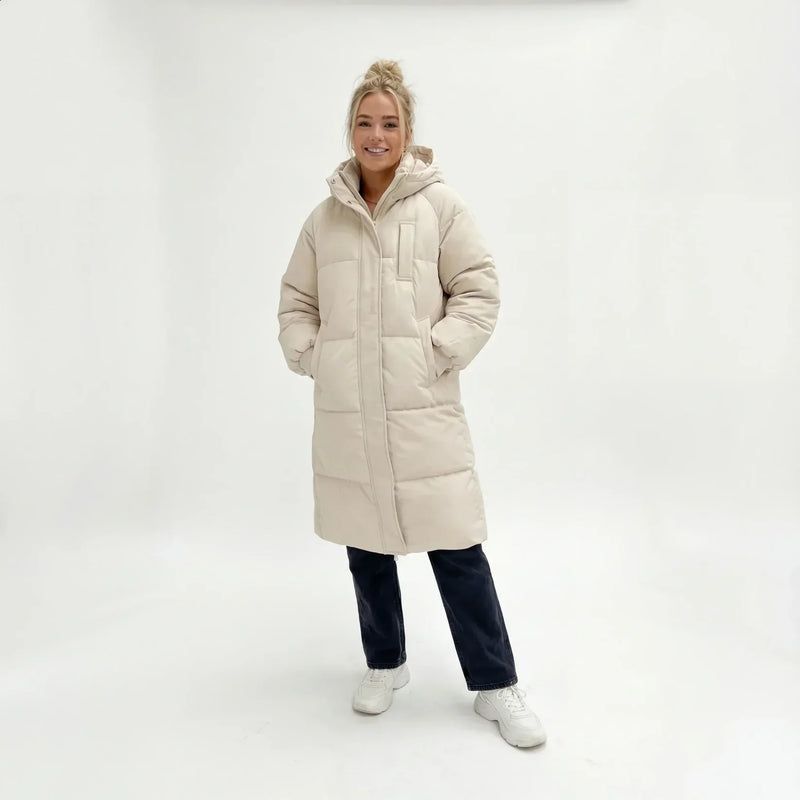 Longline Puffer Coat for Women with Hood and Ribbed Cuffs in Off-White, front view
