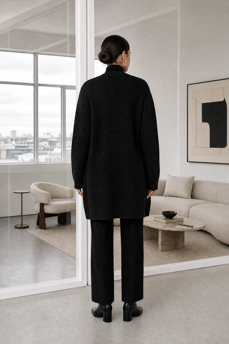 Bexley | Merino-Style Cardigan in Black, studio back view