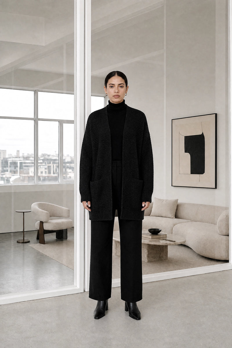 Bexley | Merino-Style Cardigan in Black, studio front view