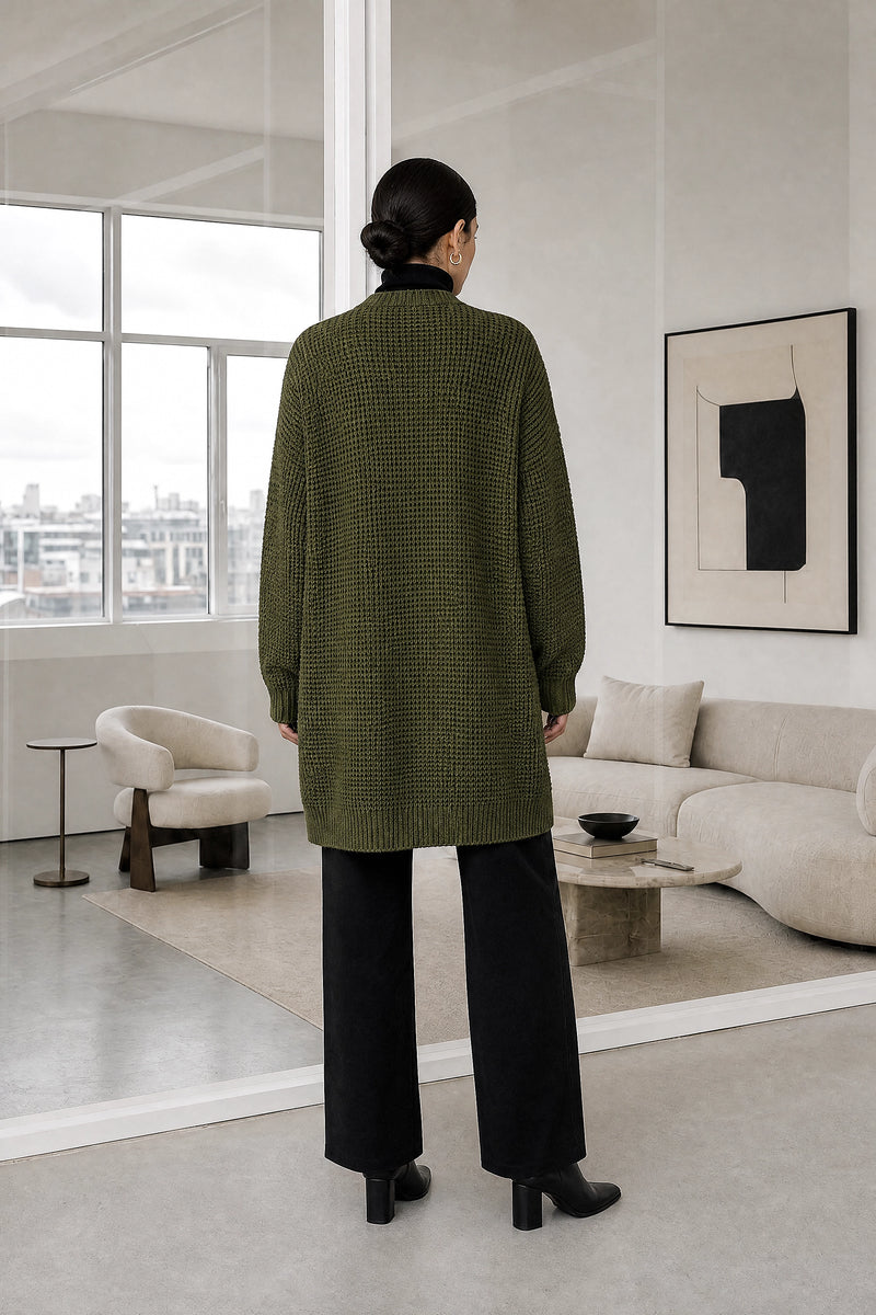 Bexley | Merino-Style Cardigan in Dark Green, studio back view