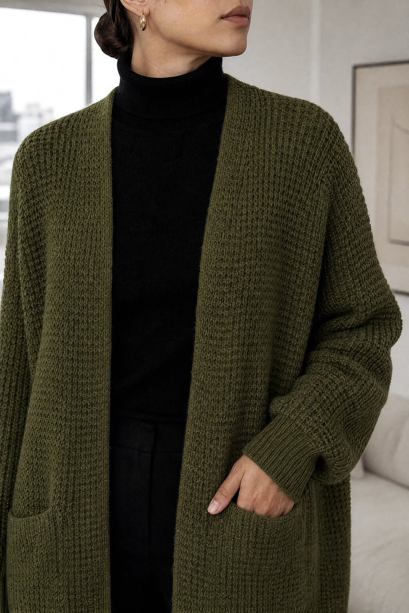 Bexley | Merino-Style Cardigan in Dark Green, fabric close-up