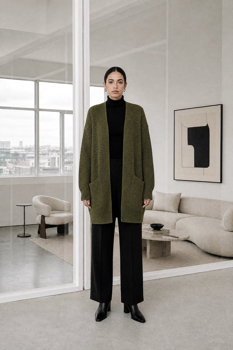 Bexley | Merino-Style Cardigan in Dark Green, studio front view