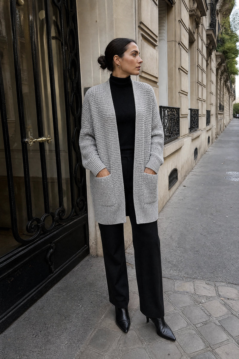 SOFAINE-V7-LIFE-Bexley | Merino-Style Cardigan in Grey, street-style view