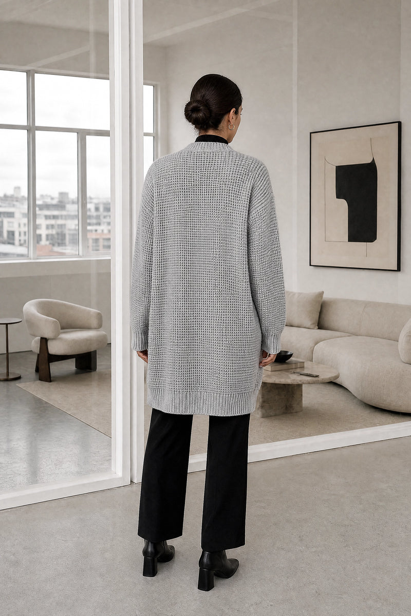 Bexley | Merino-Style Cardigan in Grey, studio back view