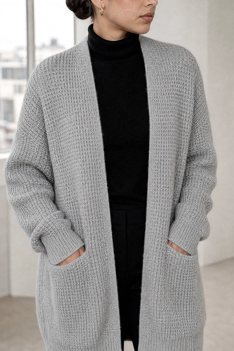 Bexley | Merino-Style Cardigan in Grey, fabric close-up