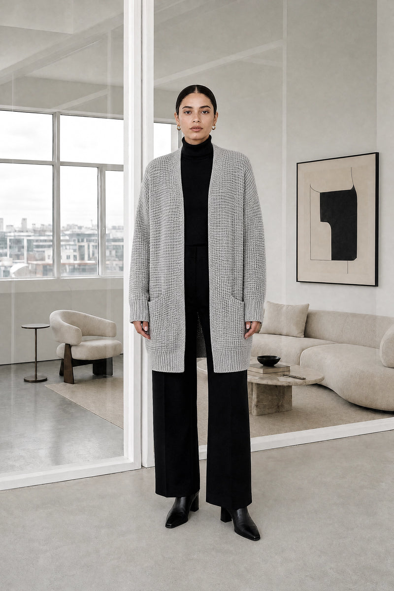 Bexley | Merino-Style Cardigan in Grey, studio front view
