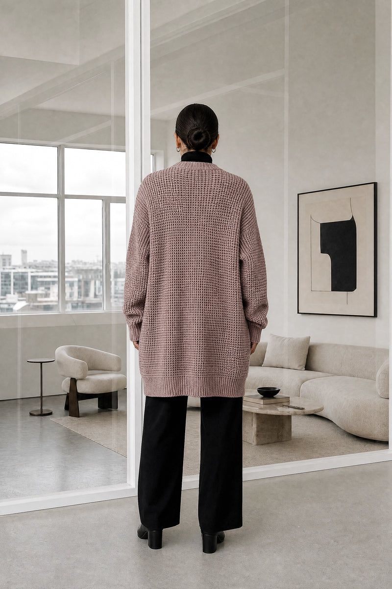Bexley | Merino-Style Cardigan in Pink, studio back view