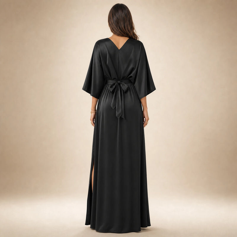 SOFAINE-V5-2026-07-07 Sofaine Bianca satin surplice V-neck maxi dress in Black, worn back