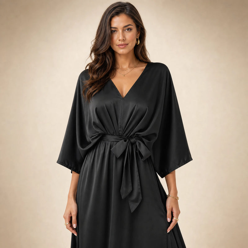 SOFAINE-V5-2026-07-07 Sofaine Bianca satin surplice V-neck maxi dress in Black, worn neckline and sash detail