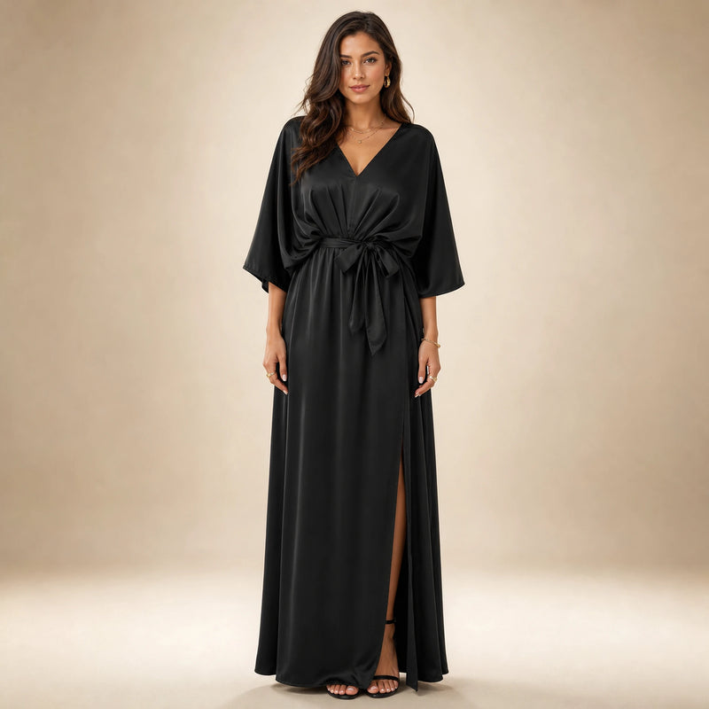 SOFAINE-V5-2026-07-07 Sofaine Bianca satin surplice V-neck maxi dress in Black, worn front hero