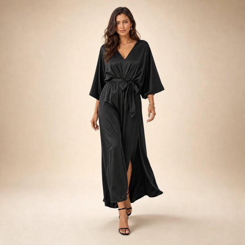 SOFAINE-V5-2026-07-07 Sofaine Bianca satin surplice V-neck maxi dress in Black, styled full look
