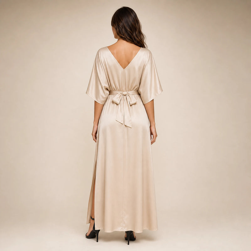 SOFAINE-V5-2026-07-07 Sofaine Bianca satin surplice V-neck maxi dress in Champagne, worn back