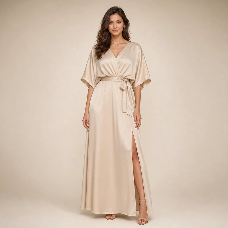 SOFAINE-V5-2026-07-07 Sofaine Bianca satin surplice V-neck maxi dress in Champagne, worn front hero