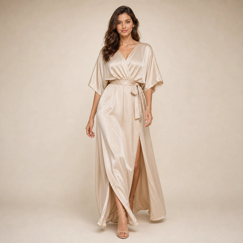 SOFAINE-V5-2026-07-07 Sofaine Bianca satin surplice V-neck maxi dress in Champagne, styled full look