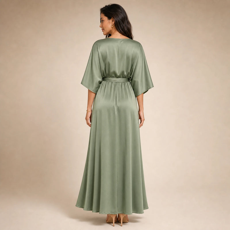 SOFAINE-V5-2026-07-07 Sofaine Bianca satin surplice V-neck maxi dress in Green, worn back