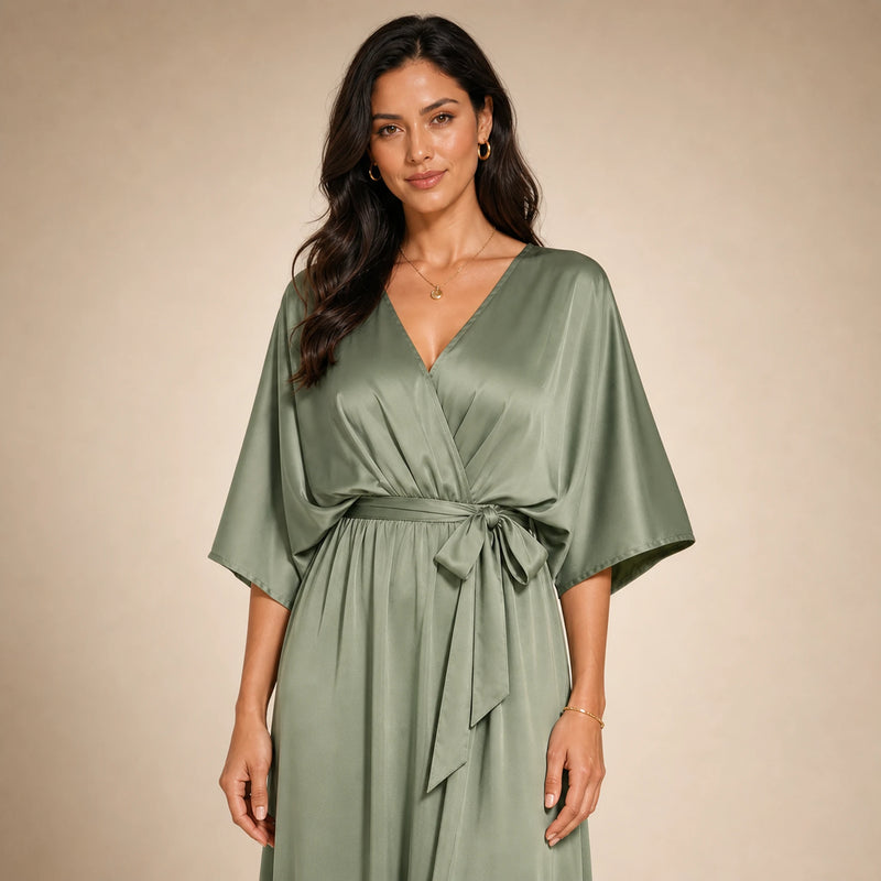 SOFAINE-V5-2026-07-07 Sofaine Bianca satin surplice V-neck maxi dress in Green, worn neckline and sash detail