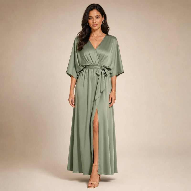 SOFAINE-V5-2026-07-07 Sofaine Bianca satin surplice V-neck maxi dress in Green, worn front hero