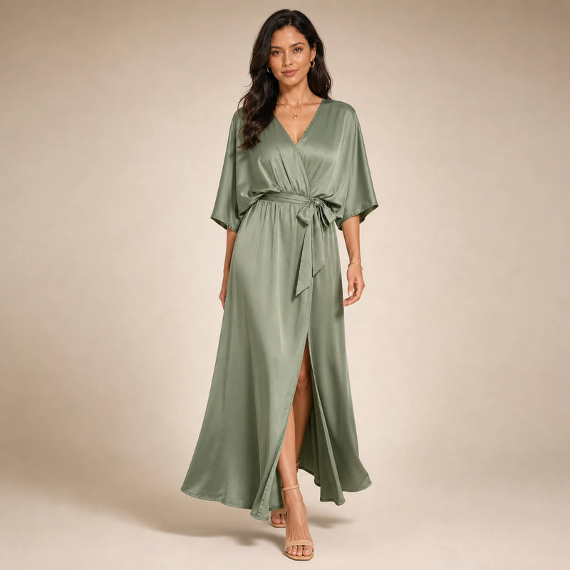 SOFAINE-V5-2026-07-07 Sofaine Bianca satin surplice V-neck maxi dress in Green, styled full look