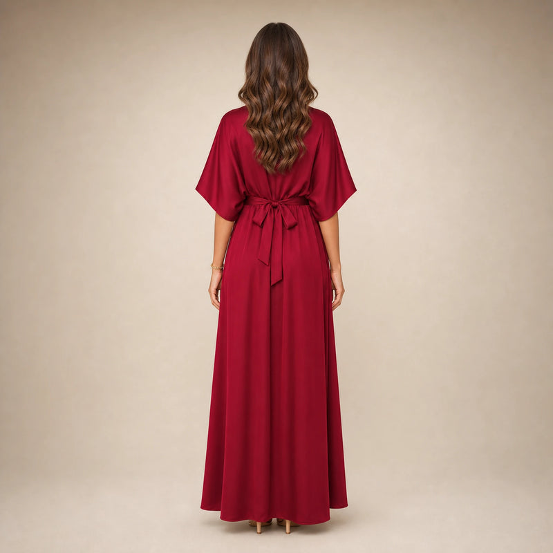 SOFAINE-V5-2026-07-07 Sofaine Bianca satin surplice V-neck maxi dress in Red, worn back