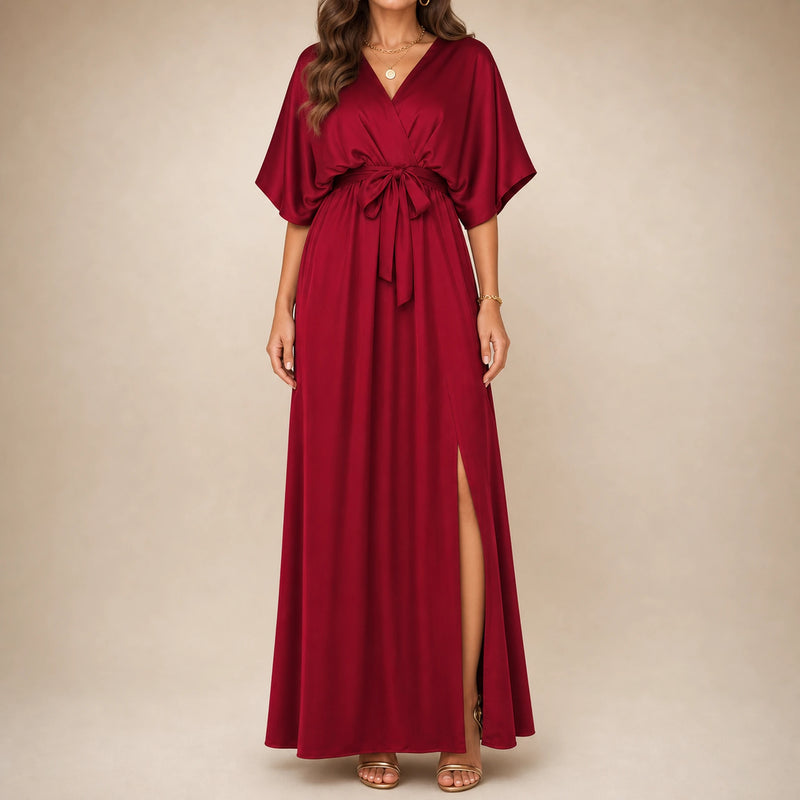 SOFAINE-V5-2026-07-07 Sofaine Bianca satin surplice V-neck maxi dress in Red, worn neckline and sash detail