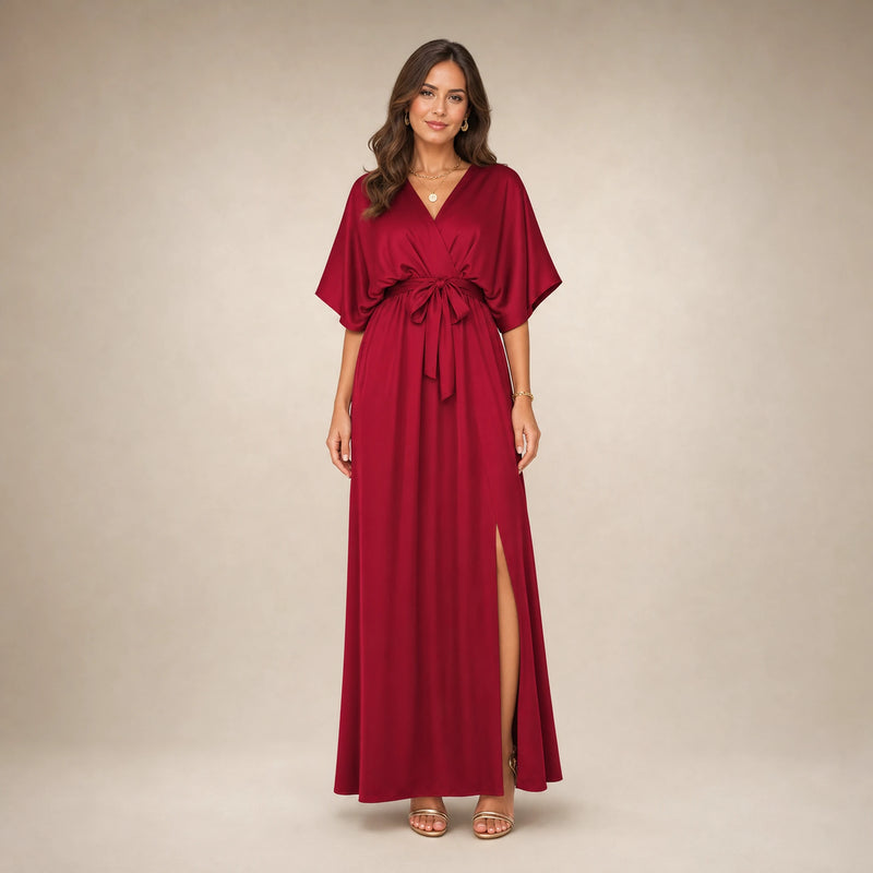 SOFAINE-V5-2026-07-07 Sofaine Bianca satin surplice V-neck maxi dress in Red, worn front hero