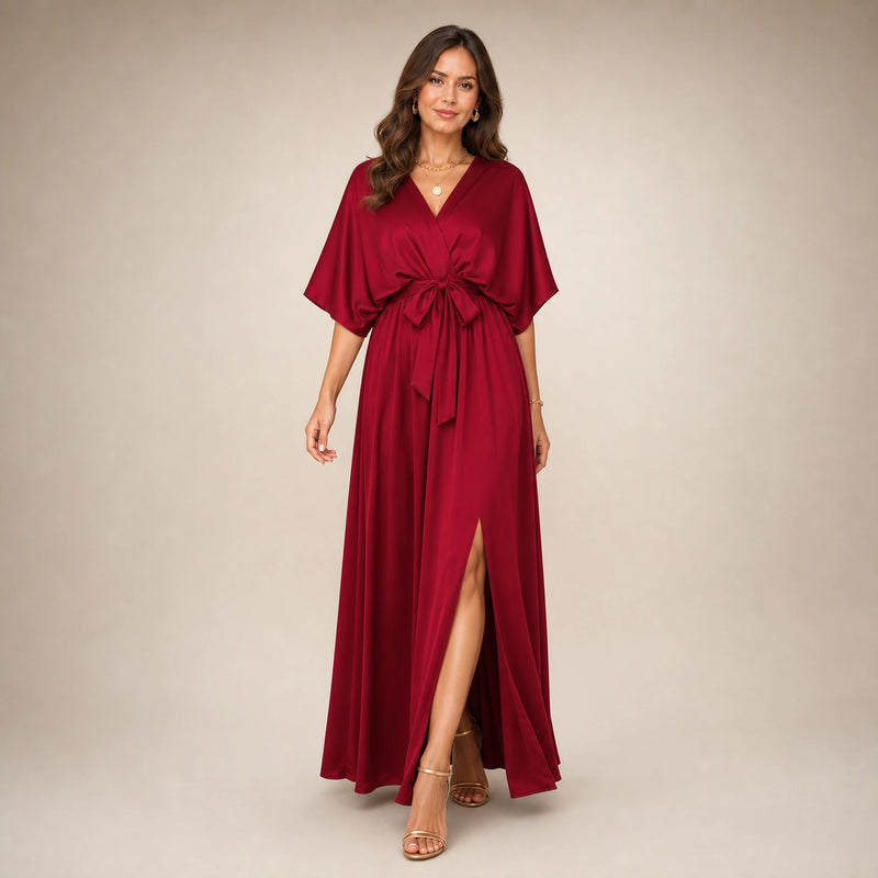 SOFAINE-V5-2026-07-07 Sofaine Bianca satin surplice V-neck maxi dress in Red, styled full look