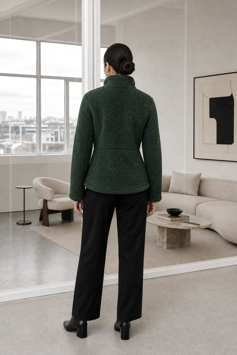 Billie | Zip Fleece Jacket in Army Green, studio back view