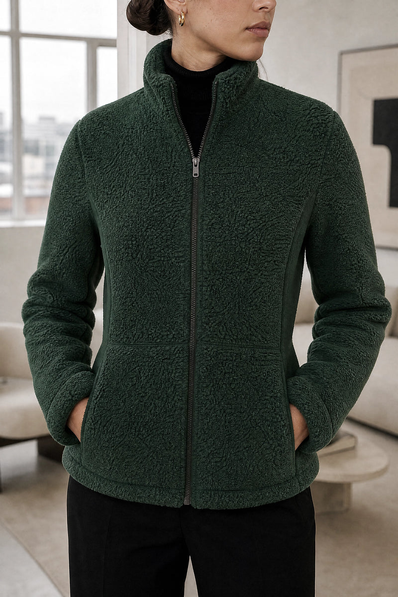 Billie | Zip Fleece Jacket in Army Green, fabric close-up