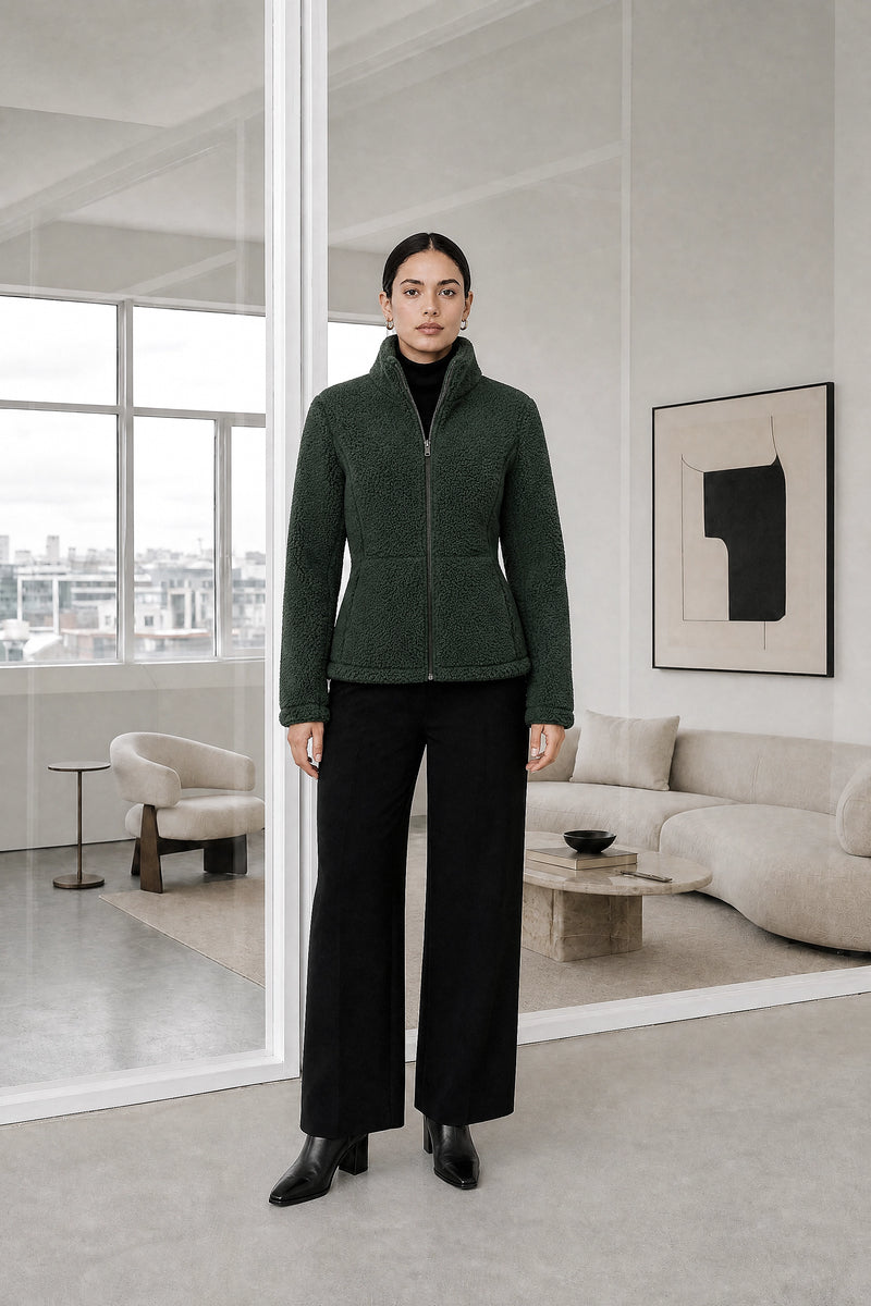 Billie | Zip Fleece Jacket in Army Green, studio front view