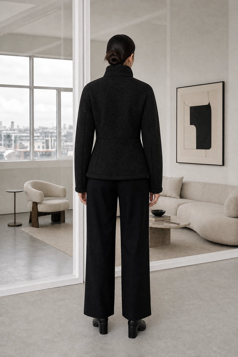 Billie | Zip Fleece Jacket in Black, studio back view