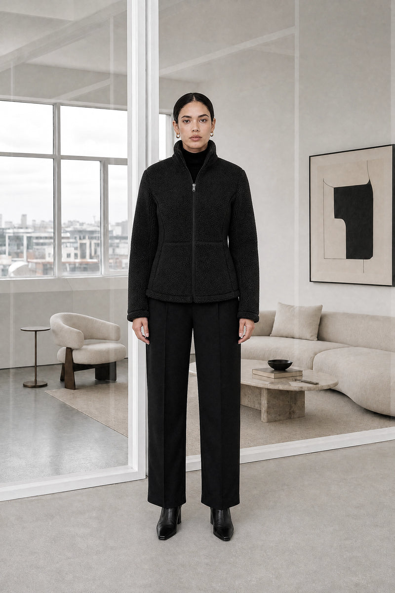 Billie | Zip Fleece Jacket in Black, studio front view