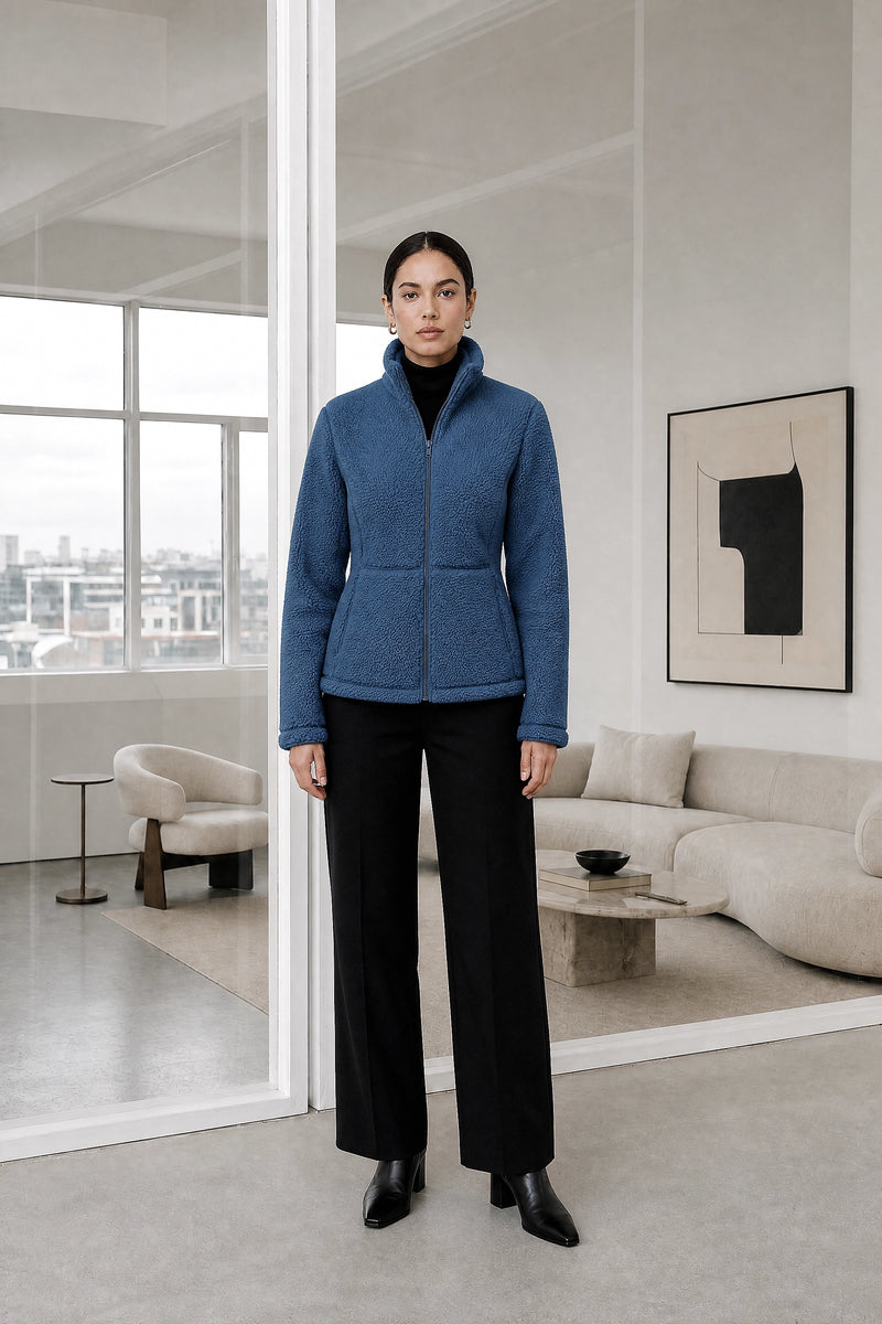 Billie | Zip Fleece Jacket in Blue, studio front view