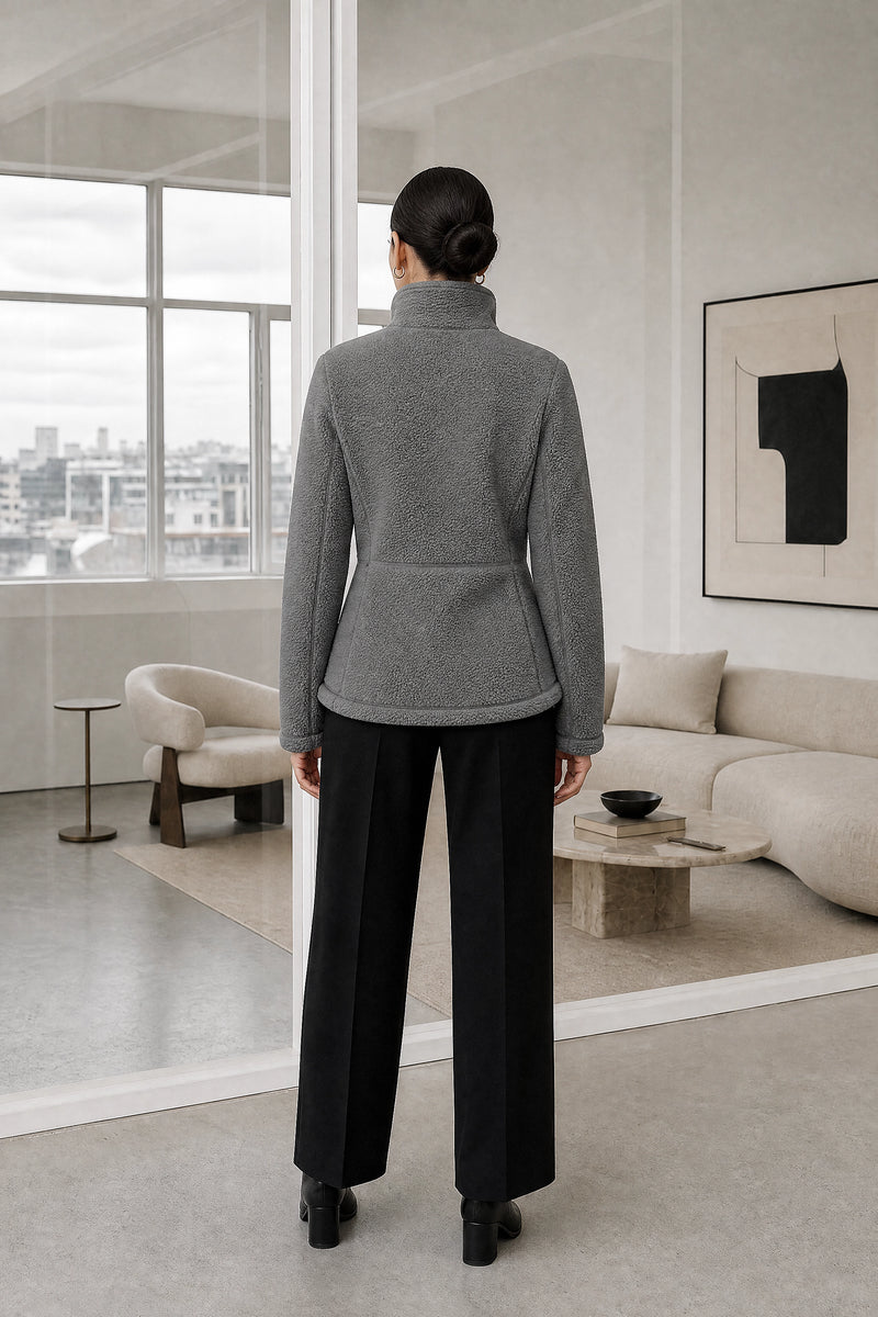 Billie | Zip Fleece Jacket in Gray, studio back view