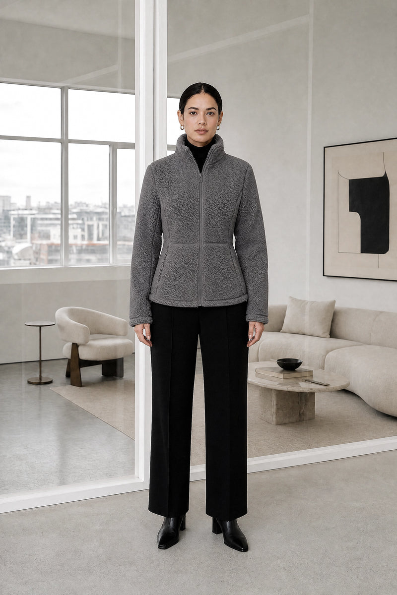 Billie | Zip Fleece Jacket in Gray, studio front view
