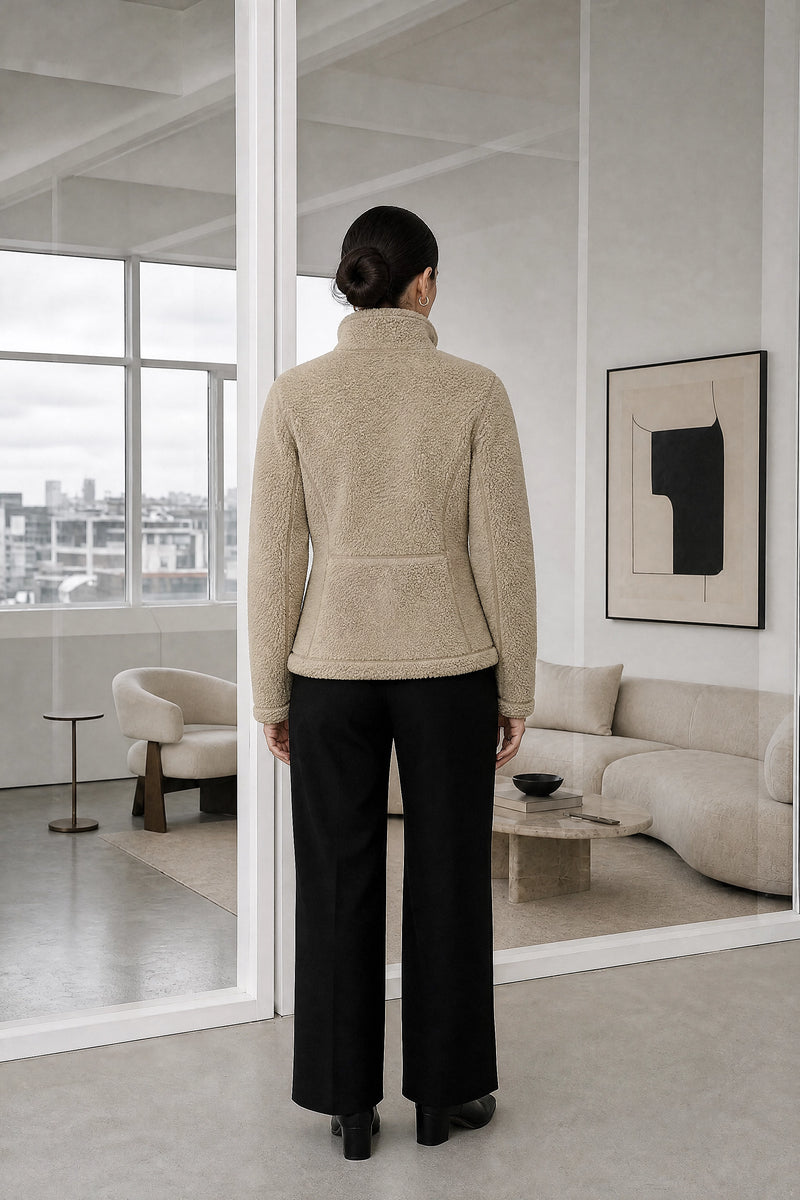Billie | Zip Fleece Jacket in Khaki, studio back view