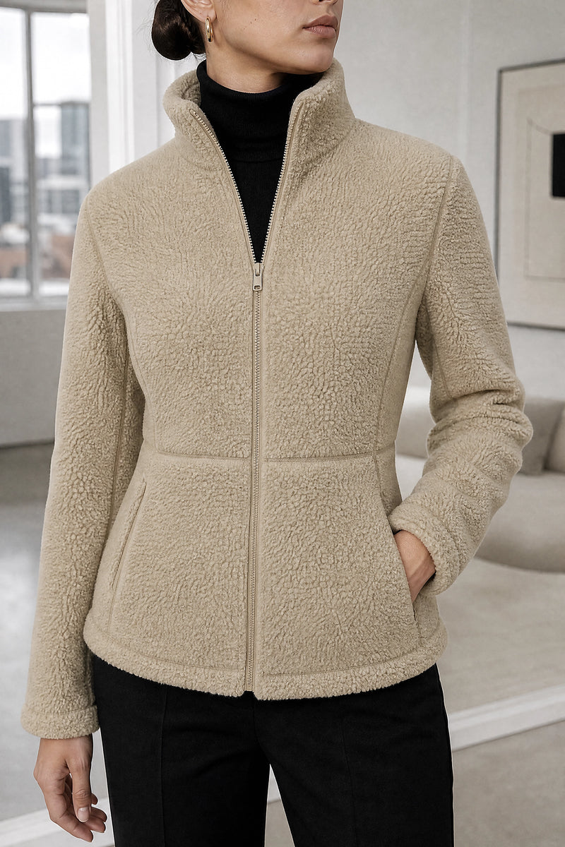 Billie | Zip Fleece Jacket in Khaki, fabric close-up