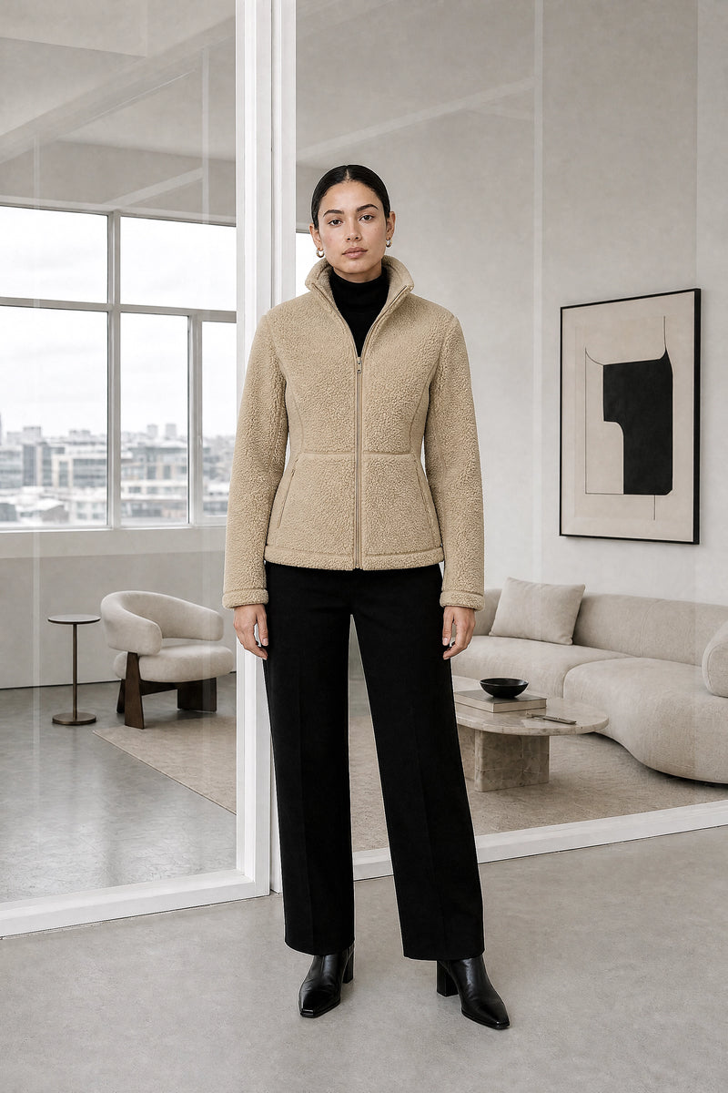 Billie | Zip Fleece Jacket in Khaki, studio front view