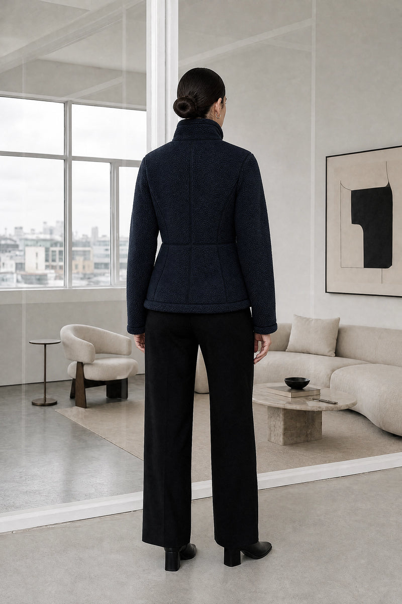 Billie | Zip Fleece Jacket in Navy Blue, studio back view