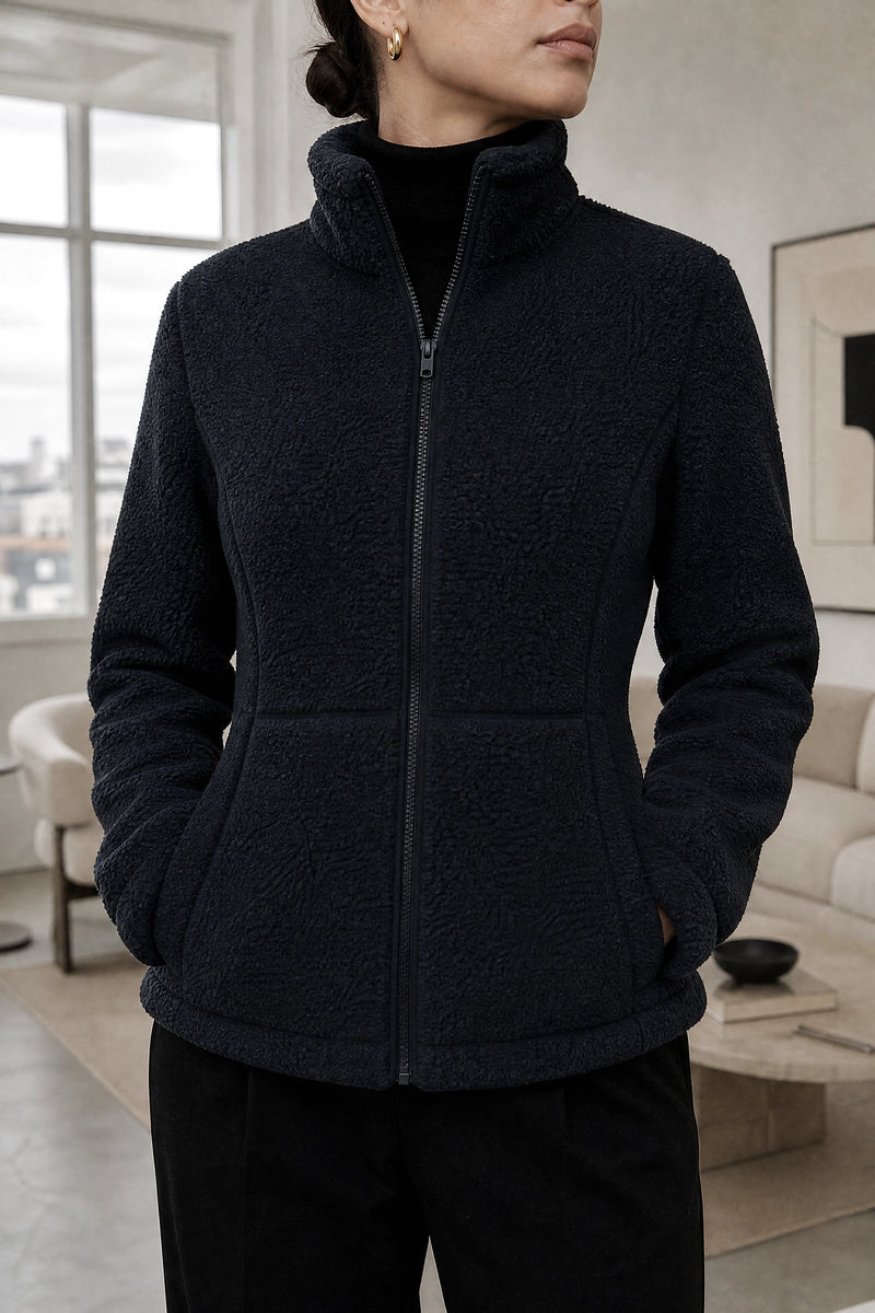 Billie | Zip Fleece Jacket in Navy Blue, fabric close-up